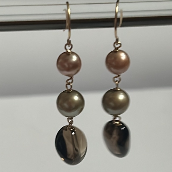 14K Yellow Gold Pearls Smoky Quartz Dangling Earrings - Picture 3 of 16
